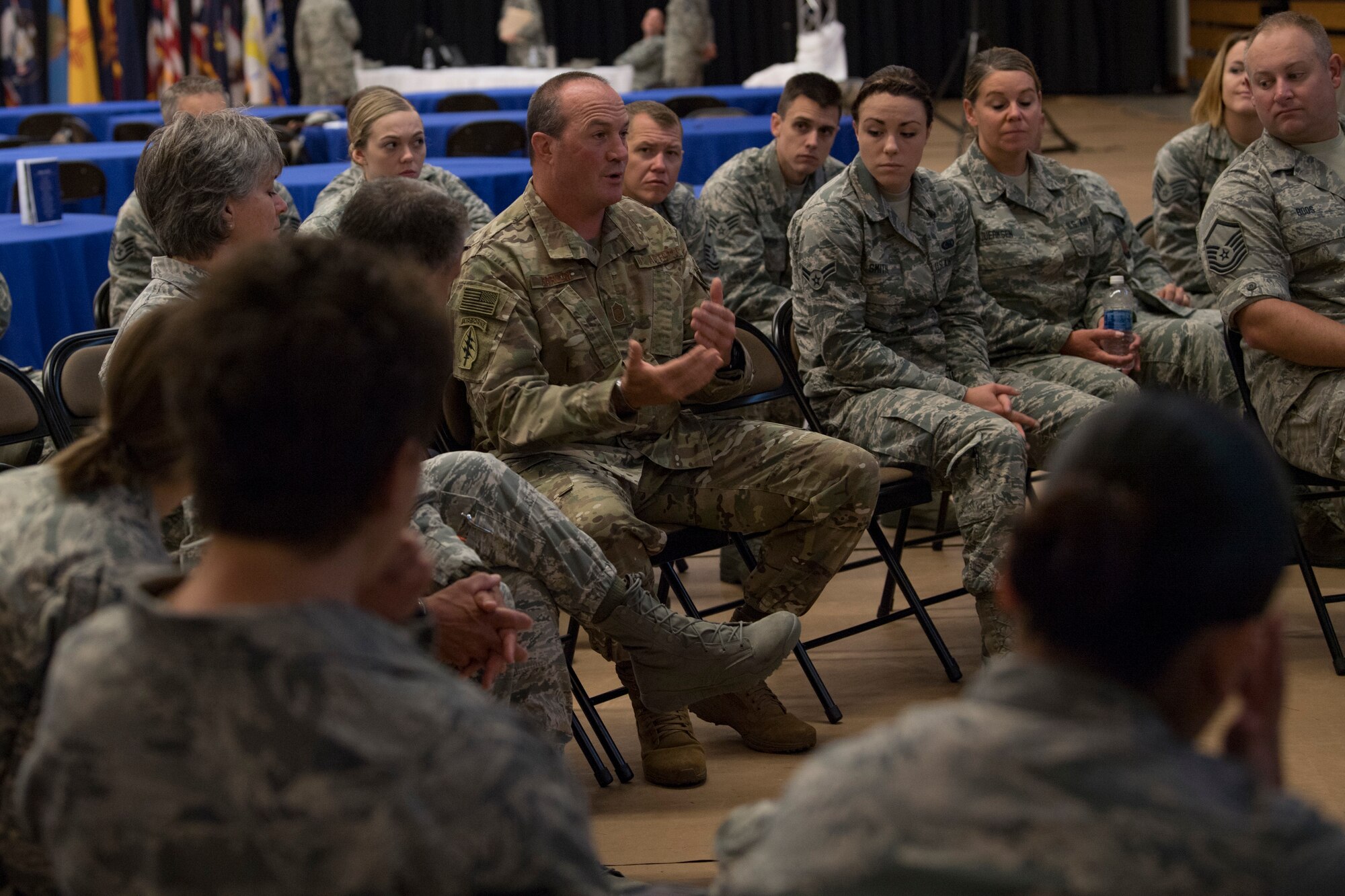 Airmen discuss a broad array of topics and common problems in the Air Force as they prepare a capstone presentation to present to the Enlisted Field Advisory Council (EFAC) August 16, 2018 at the Enlisted Leadership Symposium (ELS), Camp Dawson, W.Va. More than 400 Airmen representing Air National Guard units from each state and territory attended the ELS, a three-day event focused on leadership and professional development. (U.S. Air National Guard Photo by Airman 1st Class Caleb Vance)