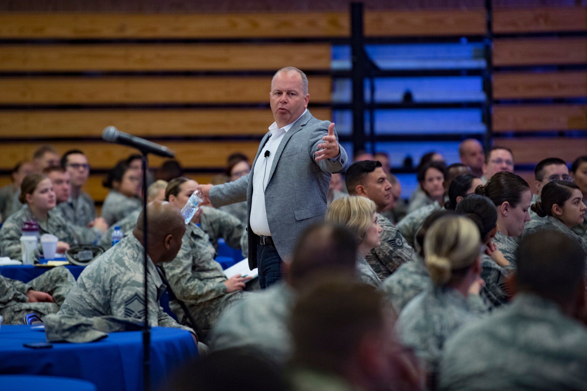 (Ret.) Chief Master Sgt. James Hotaling, the former Command Chief Master Sgt. of the Air National Guard, talks with Airmen August 17, 2018 at the Enlisted Leadership Symposium (ELS) at Camp Dawson, W.Va. More than 400 Airmen representing Air National Guard units from each state and territory attended the ELS, a three-day event focused on leadership and professional development. (U.S. Air National Guard Photo by Airman 1st Class Caleb Vance)