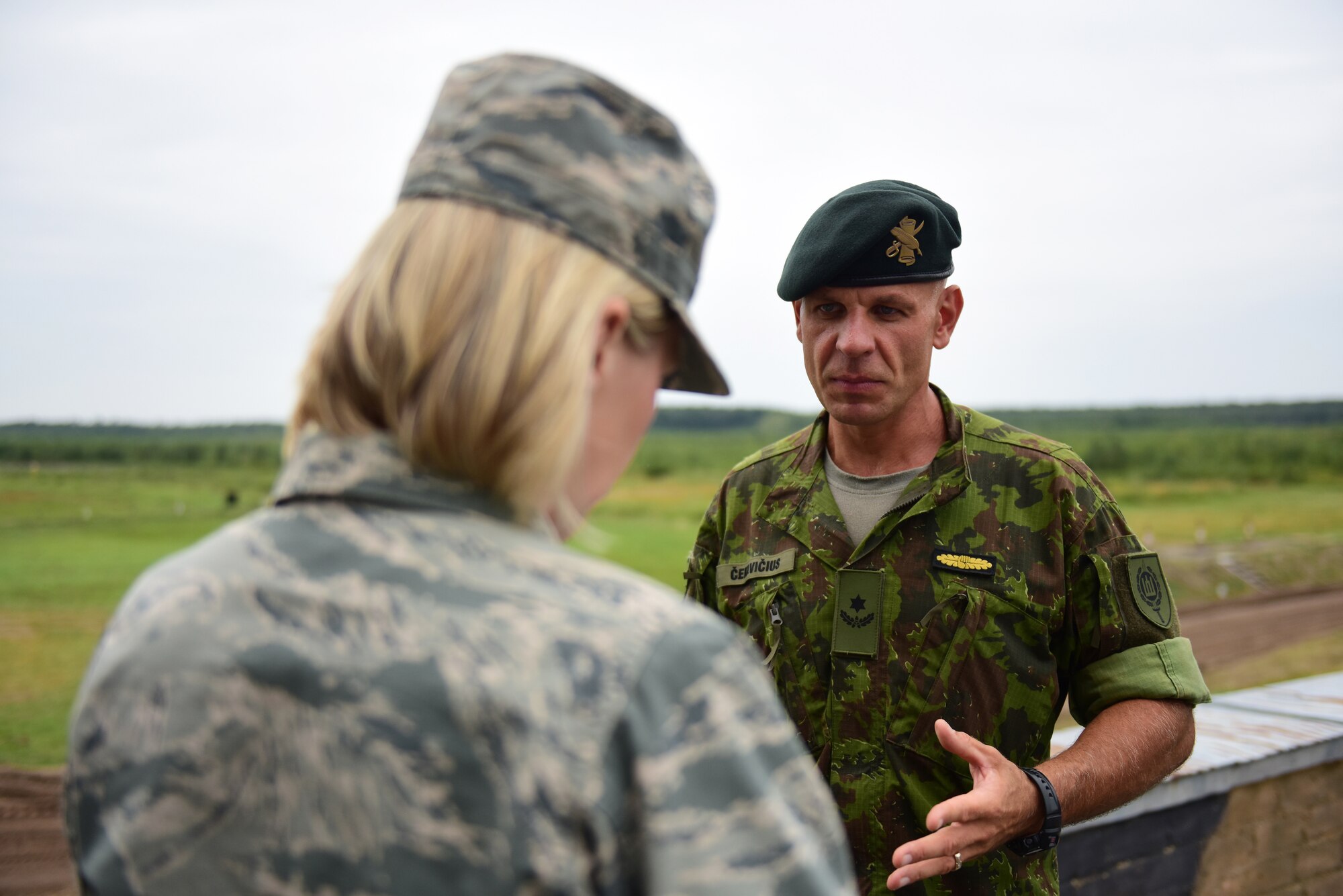 Lithuanian Maj. Kestutis Cekavicius, training area commander at the Brigadier General Kazio Veverskis Training Grounds, Kazlu Ruda, Lithuania, commends the work of Pennsylvania Air National Guardsmen during an interview Aug. 13, 2018, at the site of a new military air-to-ground training range there. Cekavicius is overseeing the work at the military range, constructed by primarily Pennsylvania Air National Guard Airmen and designed to be used by Lithuanian and other NATO forces. (U.S. Air National Guard photo by Tech. Sgt. Claire Behney/Released)