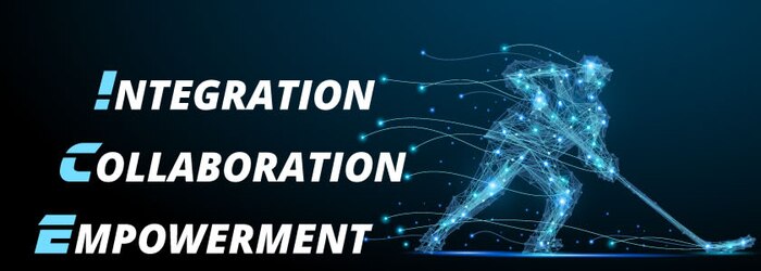 ICE Acronym spelled out behind a hockey player made out of abstract connected light nodes; ICE = Integration, Collaboration, Empowerment