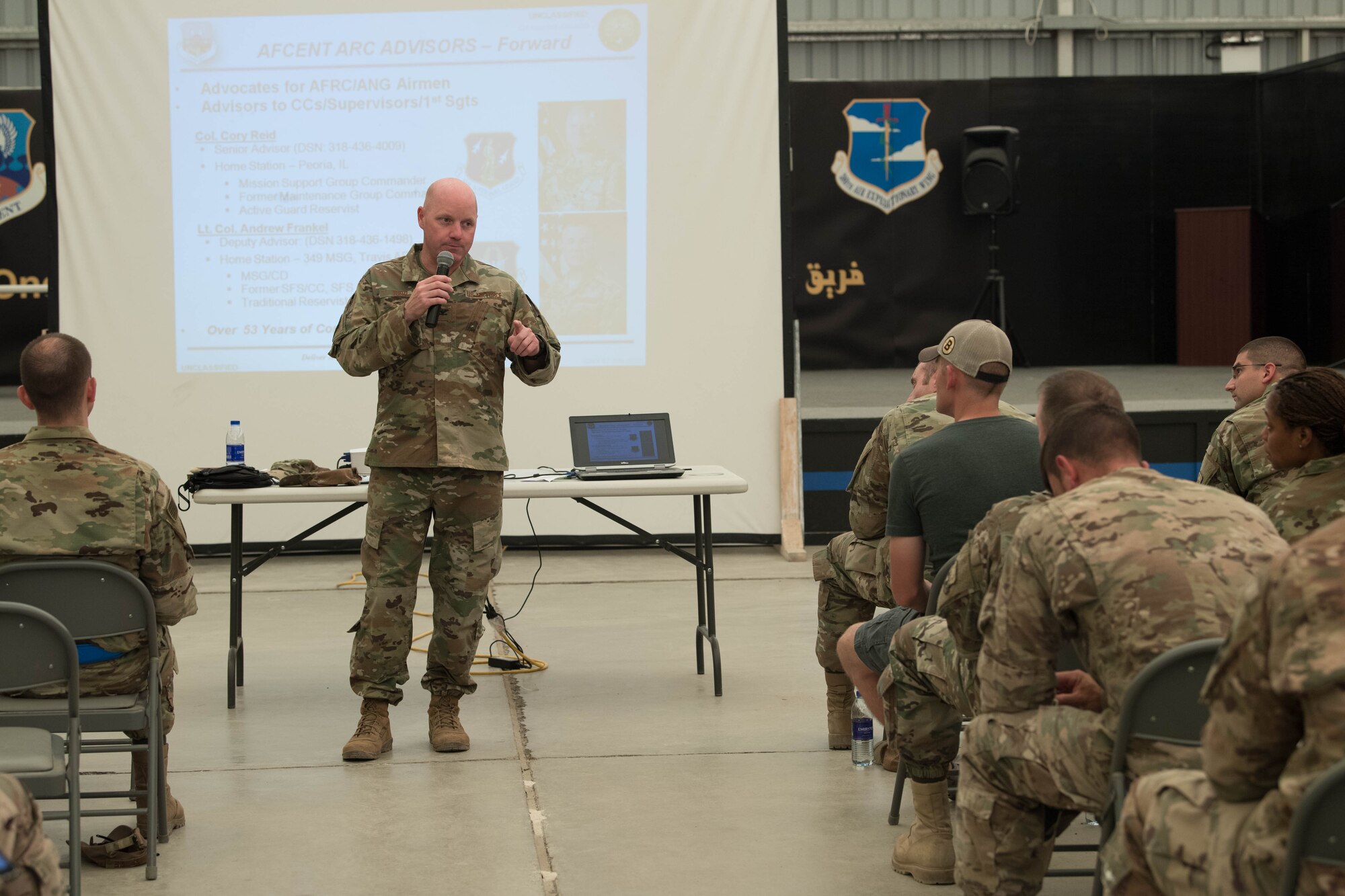 Col. Cory Reid, Senior Air Reserve Component advisor, speaks to Air Reserve and Air National Guard members at a town hall meeting on Al Dhafra Air Base, Aug. 9, 2018.  Reid, along with Lt. Col. Andrew Frankel, Deputy Air Reserve Component advisor, visited Reserve and Guard members in the 380th Air Expeditionary Wing to inform them on their entitled benefits and address any concerns members may have while deployed. (U.S. Air Force photo by Staff Sgt. Erica Rodriguez)