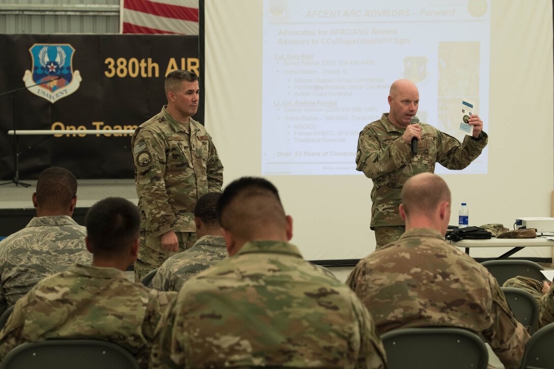 Col. Cory Reid, Senior Air Reserve Component advisor, and Lt. Col. Andrew Frankel, Deputy Air Reserve Component advisor, speak to Air Reserve and Air National Guard members at a town hall meeting on Al Dhafra Air Base, Aug. 9, 2018. The ARC advisors answered questions regarding benefits earned by Reserve and Guard members while deployed; topics included pay, retirement, education, medical benefits and more. (U.S. Air Force photo by Staff Sgt. Erica Rodriguez)