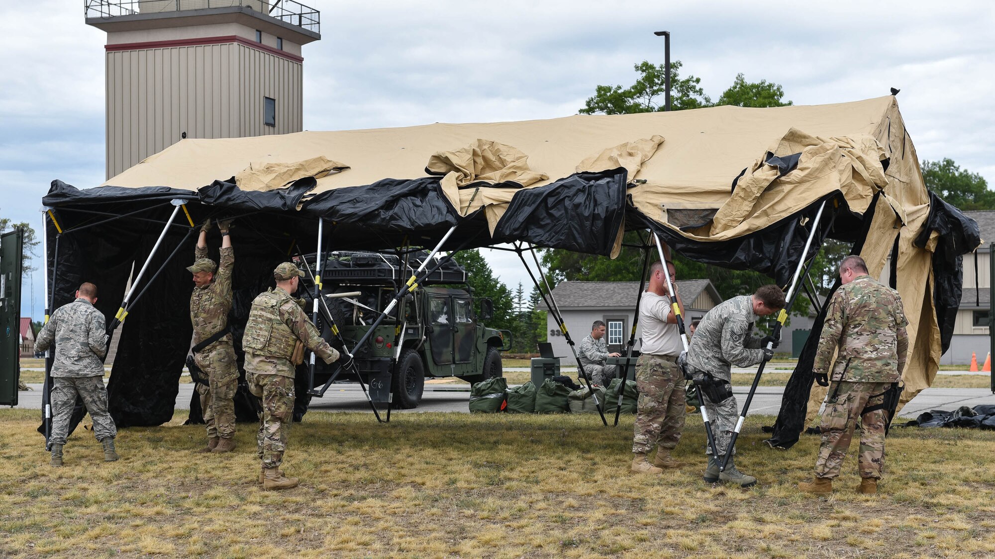 The 123rd CRG worked in conjunction with the U.S. Army’s 690th Rapid Port Opening Element to operate a Joint Task Force-Port Opening during the exercise. The objective of the JTF-PO is to establish a complete air logistics hub and surface distribution network. (U.S. Air National Guard photo by Maj. Allison Stephens)