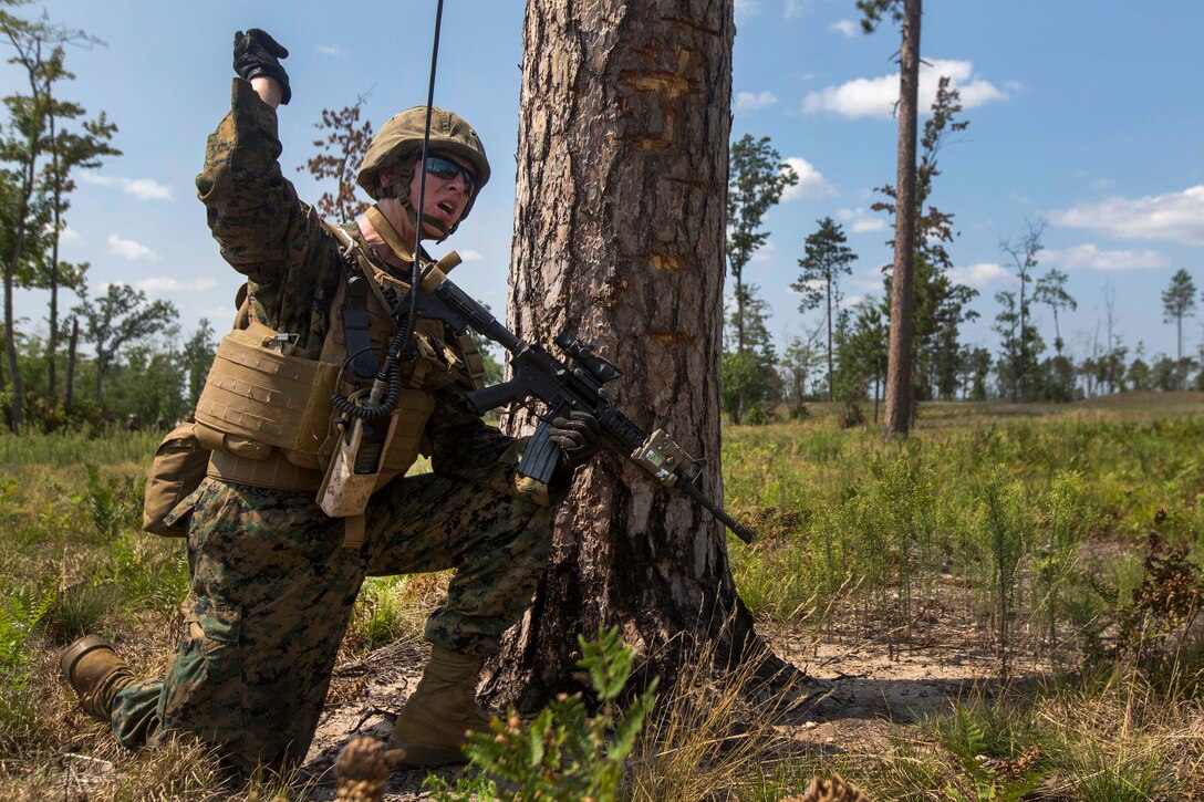 A Marine signals to his team to move forward during a live-fire exercise.