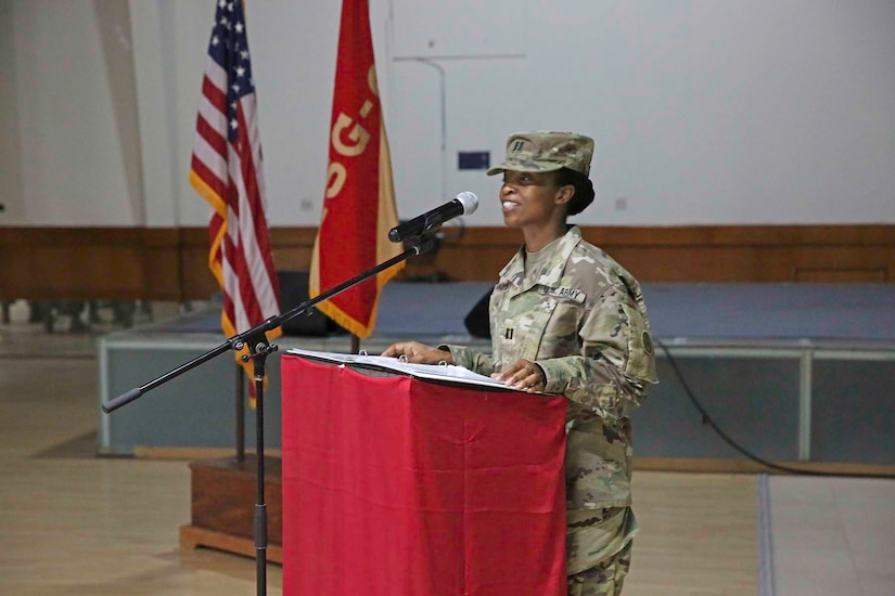 U.S. Army Capt. Rawlene Grandison offers her farewell address as the outgoing company commander during the Headquarters Company of Area Support Group Qatar’s change of command at Camp As-Sayliyah, Qatar, July 31, 2018.  Capt. Grandison expressed her appreciation for the Soldiers of the ASG-QA and their hard work over the past year.