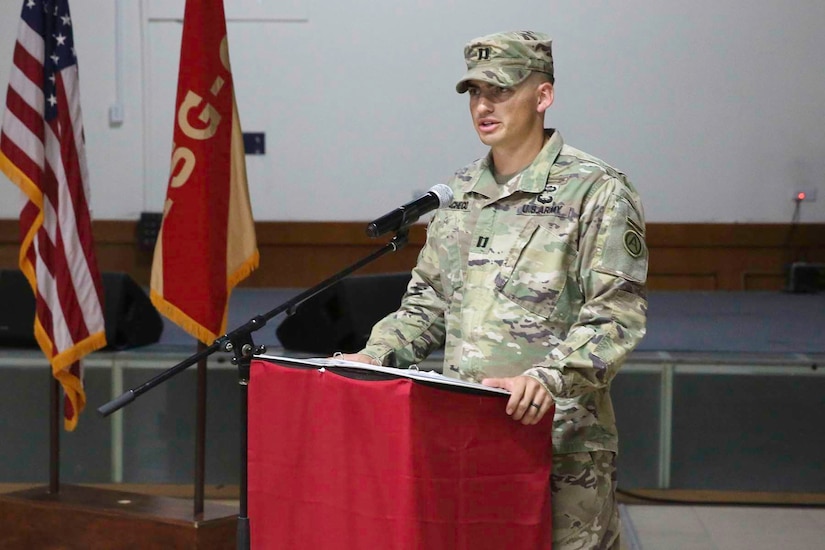 U.S. Army Capt. Filiberto Pacheco addresses his company, Headquarters Company of Area Support Group Qatar, for the first time during the change of command ceremony at Camp As-Sayliyah, Qatar, July 31, 2018.  Capt. Pacheco voiced his gratitude for the opportunity to take command and his excitement for the upcoming year.