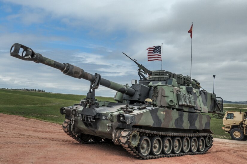 A Paladin howitzer from Battery B, 2nd Battalion, 222nd Field Artillery Regiment, 65th FA Brigade, Utah Army National Guard, pulls into the machine gun range on Camp Guernsey, Wyo., May 14, 2016, during Operation Gunsmoke 16. Operation Gunsmoke is the 65th Field Artillery Brigade live-fire exercise consisting of 1,300 Soldiers from six states, conducting operations in Camp Guernsey for annual training 2016.