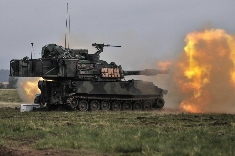A Paladin howitzer from 2nd Battalion, 222nd Field Artillery Regiment, 65th FA Brigade, Utah Army National Guard, fires a direct fire mission on Camp Guernsey, Wyo., May 16, 2016, during Operation Gunsmoke 16. Operation Gunsmoke is the 65th Field Artillery Brigade live-fire exercise consisting of 1,300 Soldiers from six states, conducting operations in Camp Guernsey for annual training 2016.
