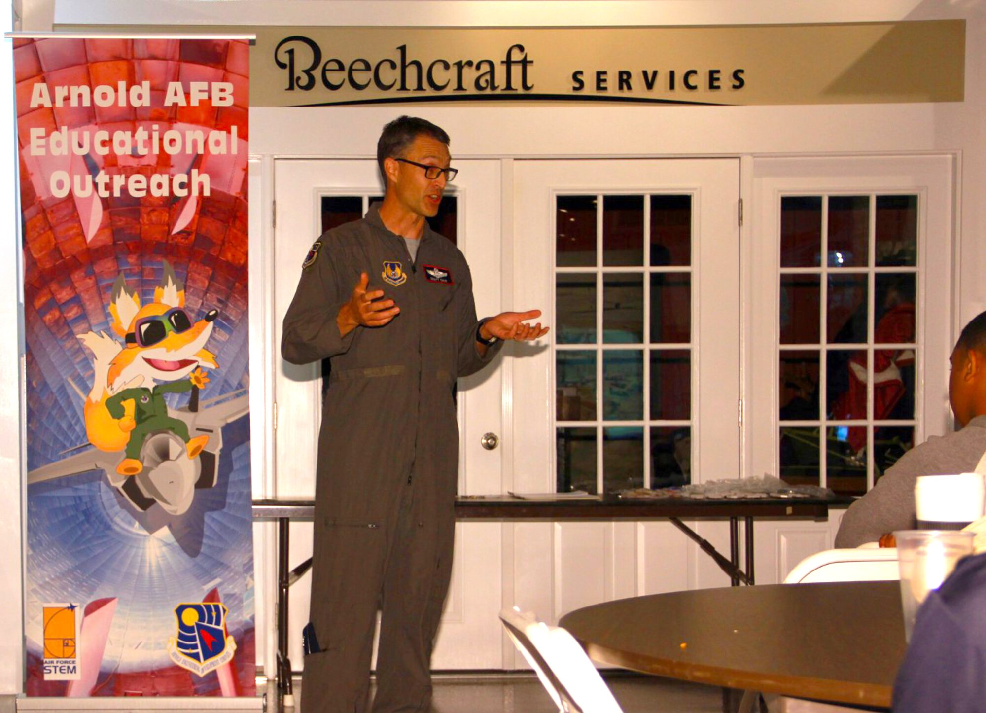 AEDC Commander Col. Scott Cain speaks about his glider experience and flight career to the graduating Civil Air Patrol Glider Team July 13 at the Beechcraft Heritage Museum, Tullahoma. Twenty cadets from across the country graduated and received Science, Technology, Engineering and Mathematics coins from Cain at the conclusion of the CAP South East Region Glider Academy held at the Tullahoma Airport and supported by the Arnold Air Force STEM Program. (Courtesy photos)