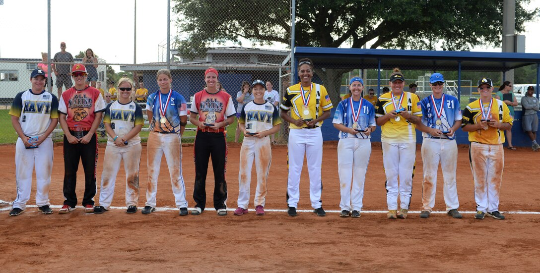 PENSACOLA, Fla.-- Top players from the Navy, Army, Air Force, and Marine Corps selected for the 2018 Armed Forces All-Tournament team following the commencement of the 2018 Women's Armed Forces Softball Championship, Aug 15-17. (U.S. Navy photo by Mass Communication Specialist 2nd Class Timothy A. Hazel/Released)