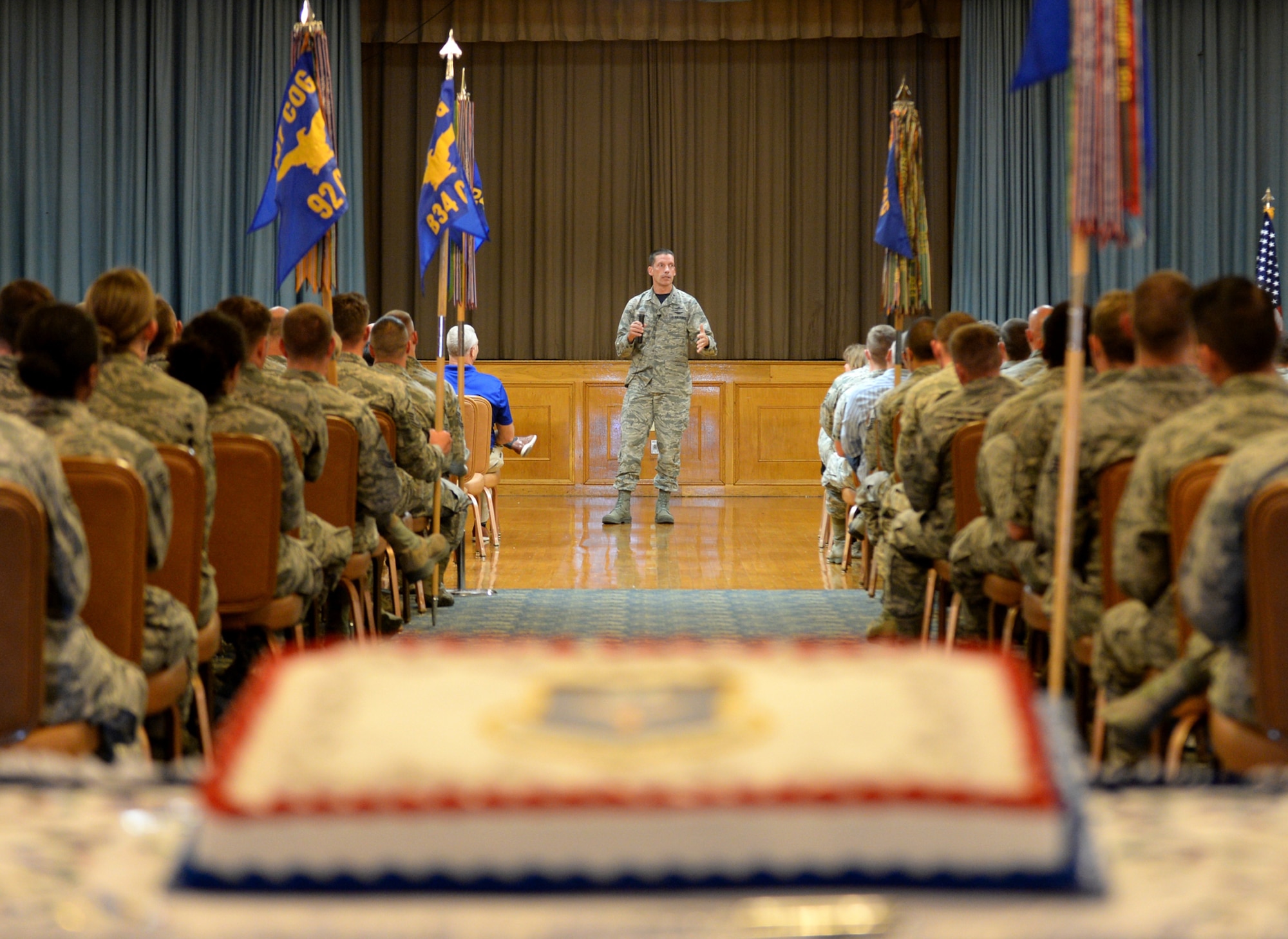Maj. Gen. Robert Skinner, Air Forces Cyber commander, speaks to Airmen during his commander's call at Joint Base San Antonio-Lackland, Texas, Aug. 17, 2018. The call was also hosted to celebrate the unit's ninth birthday since its Aug. 18, 2009 activation. (U.S. Air Force photo by Tech. Sgt. R.J. Biermann)