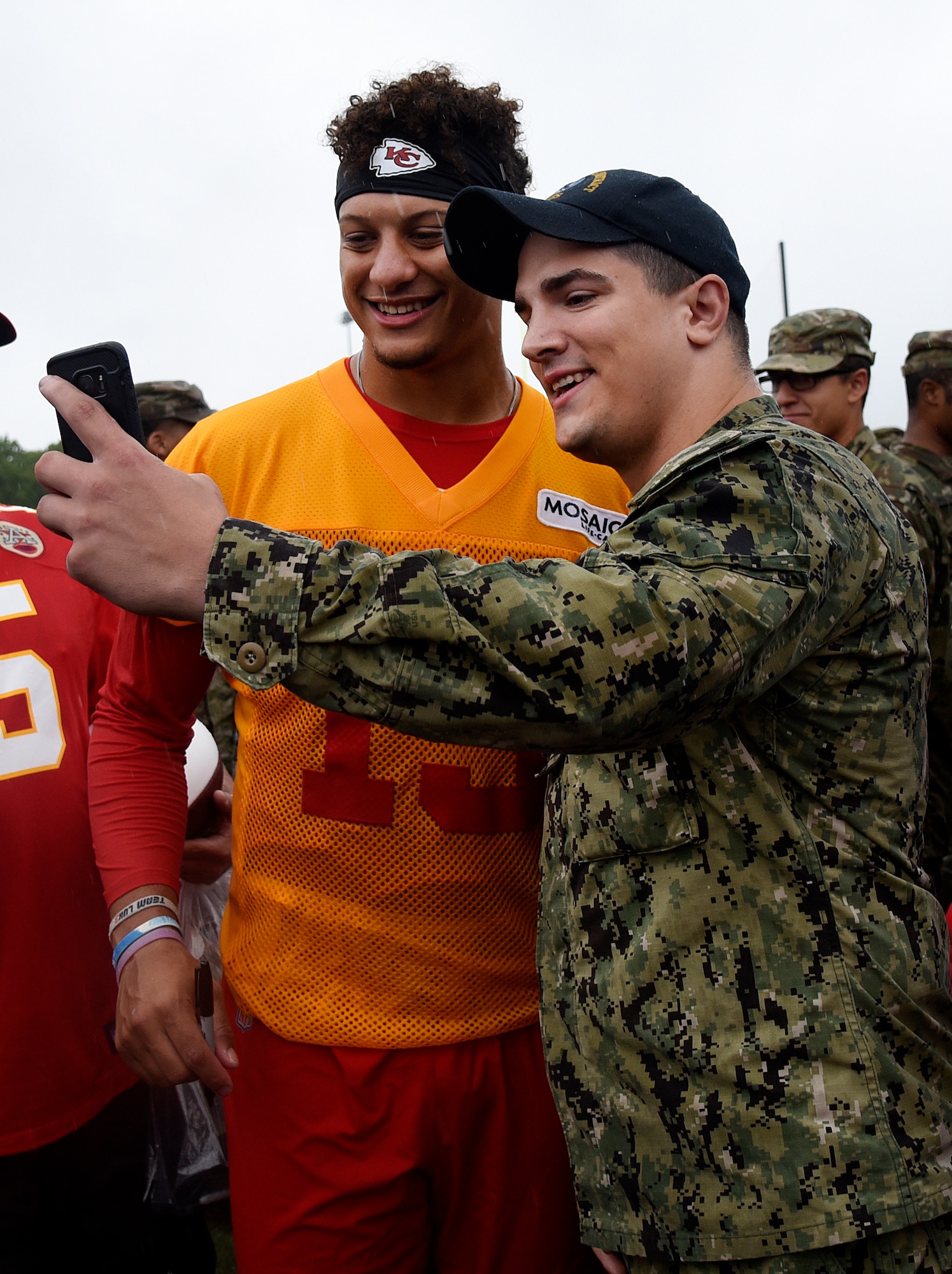Service members from Missouri and Kansas meet Kansas City Chiefs players at the Chiefs training camp in St. Joseph, Mo., Aug. 14, 2018. The Chiefs hosted a military appreciation day as the last day of the training camp.