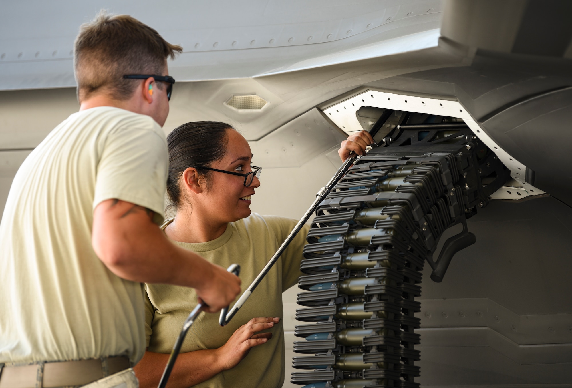 The test, performed by the 422d Test and Evaluation Squadron, served as a proof of concept to load, shoot and download the GAU-22 weapon system.