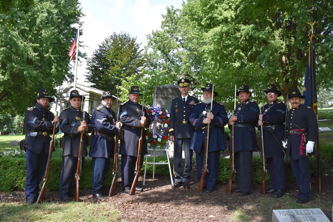 Wreath laying ceremony for President Benjamin Harrison at Crown Hill Cemetery, in Indianapolis, on Aug. 18, to commemorate the Hoosier President’s 185th birthday. (US Army photo by Catherine Carroll)