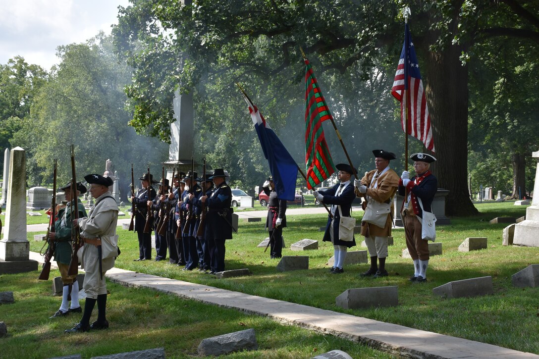 Wreath laying ceremony for President Benjamin Harrison at Crown Hill Cemetery, in Indianapolis, on Aug. 18, to commemorate the Hoosier President’s 185th birthday. (US Army photo by Catherine Carroll)