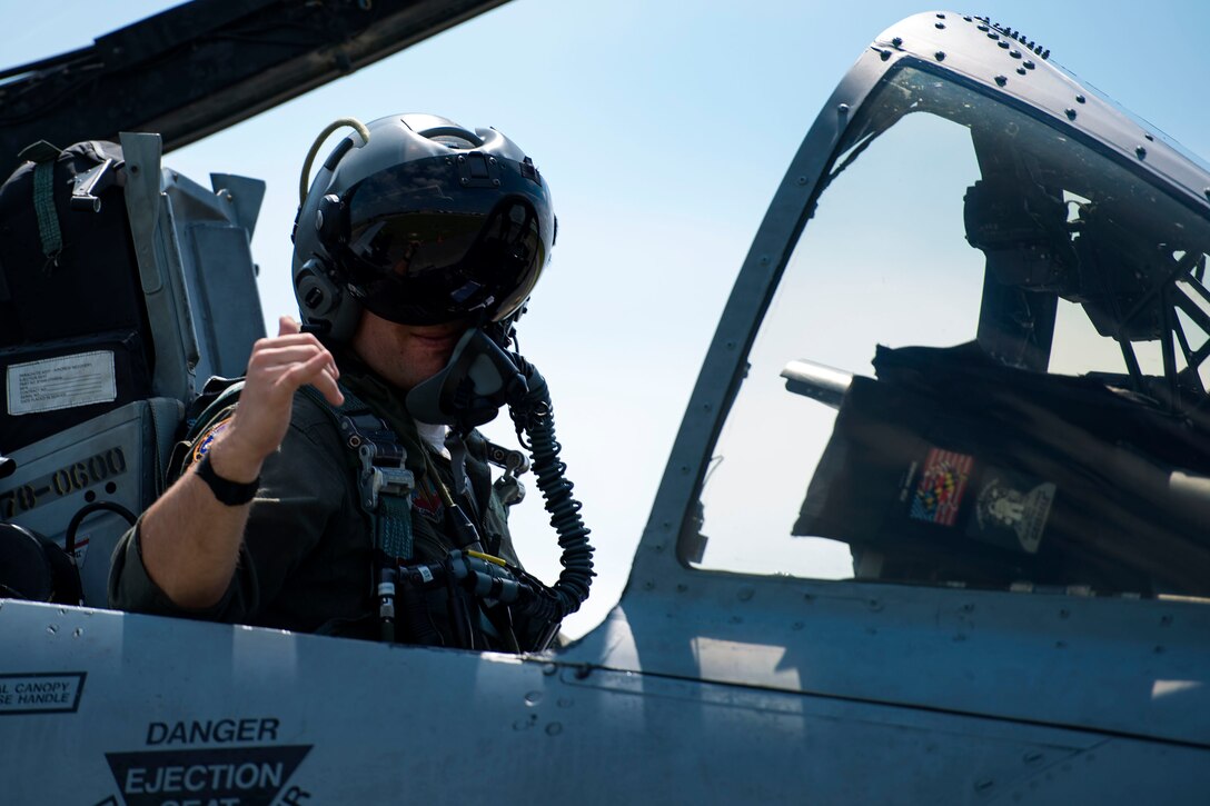An A-10C Thunderbolt II pilot taxis on the runway prior to hot pit refueling, Aug. 14, 2018, at Moody Air Force Base, Ga. Members of the 23d Logistics Readiness Squadron preposition fueling trucks to allow aircraft to refuel without needing to shut down. This style of refueling is used to eliminate the need for additional maintenance procedures and to extend pilots’ training time per flight which improves operations tempo. (U.S. Air Force photo by Airman 1st Class Erick Requadt)