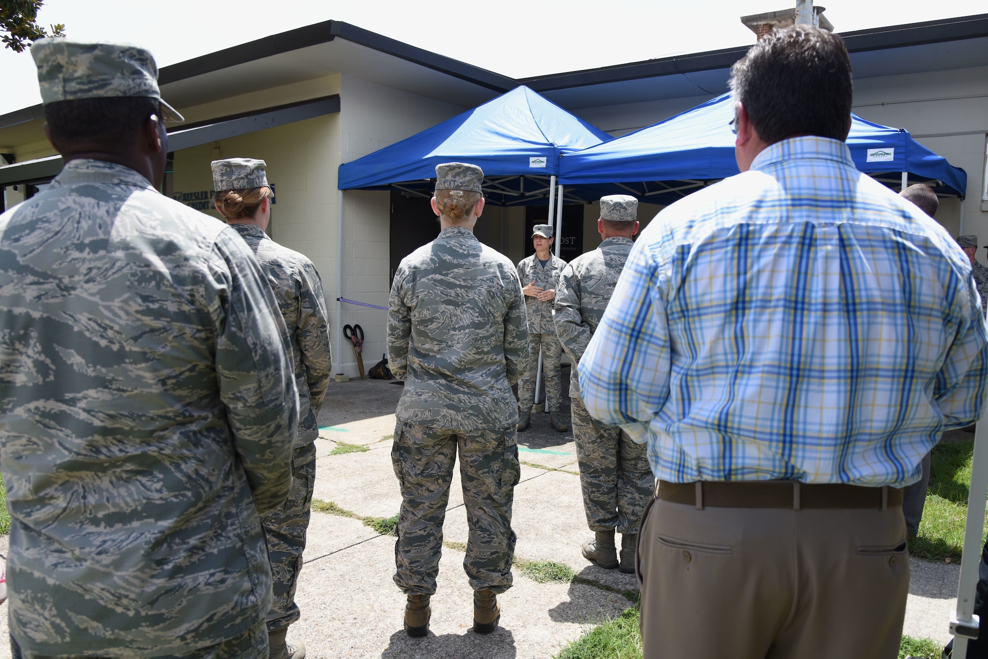 U.S. Air Force Col. Marcia Quigley, 81st Mission Support Group commander, delivers remarks during the The Outpost grand opening at the Vandenberg Commons at Keesler Air Force Base, Mississippi, Aug. 17, 2018. The Outpost is a satellite store from the Outdoor Recreation Center with recreation items available for Airmen in the 81st Training Group. The 81st Force Support Squadron hosted the event. (U.S. Air Force photo by Kemberly Groue)