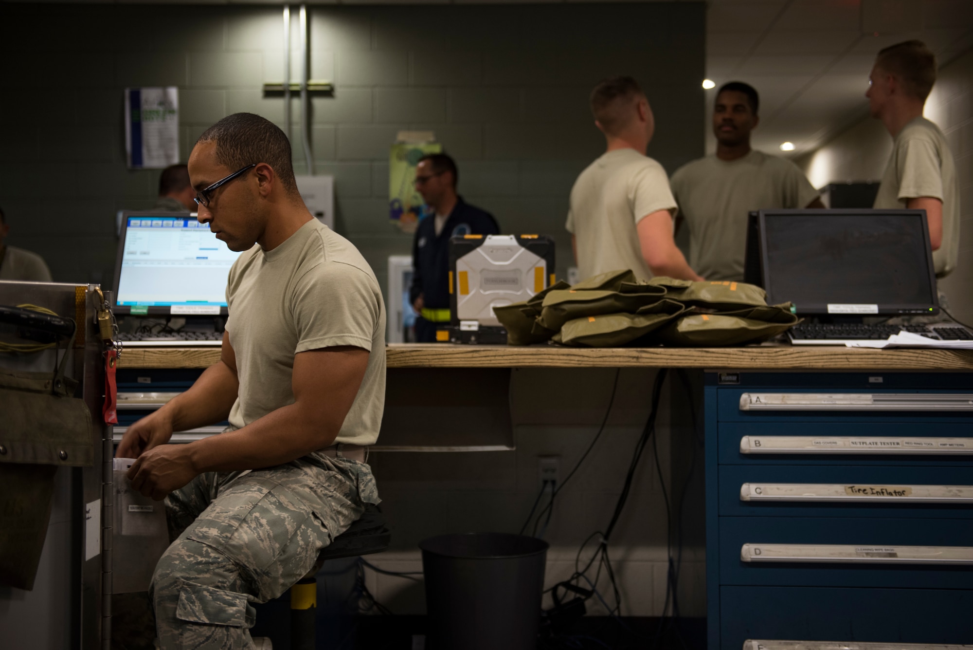 Airman 1st Class Nick Gonzales, 57th Aircraft Maintenance Squadron Lightning Aircraft Maintenance Unit armament systems technician, inspects a toolbox before checking it out to aircraft maintainers at Nellis Air Force Base, Nevada, July 24, 2018. Gonzales currently works in the support section, where he oversees tools and equipment inventory. (U.S. Air Force photo by Airman 1st Class Andrew D. Sarver)