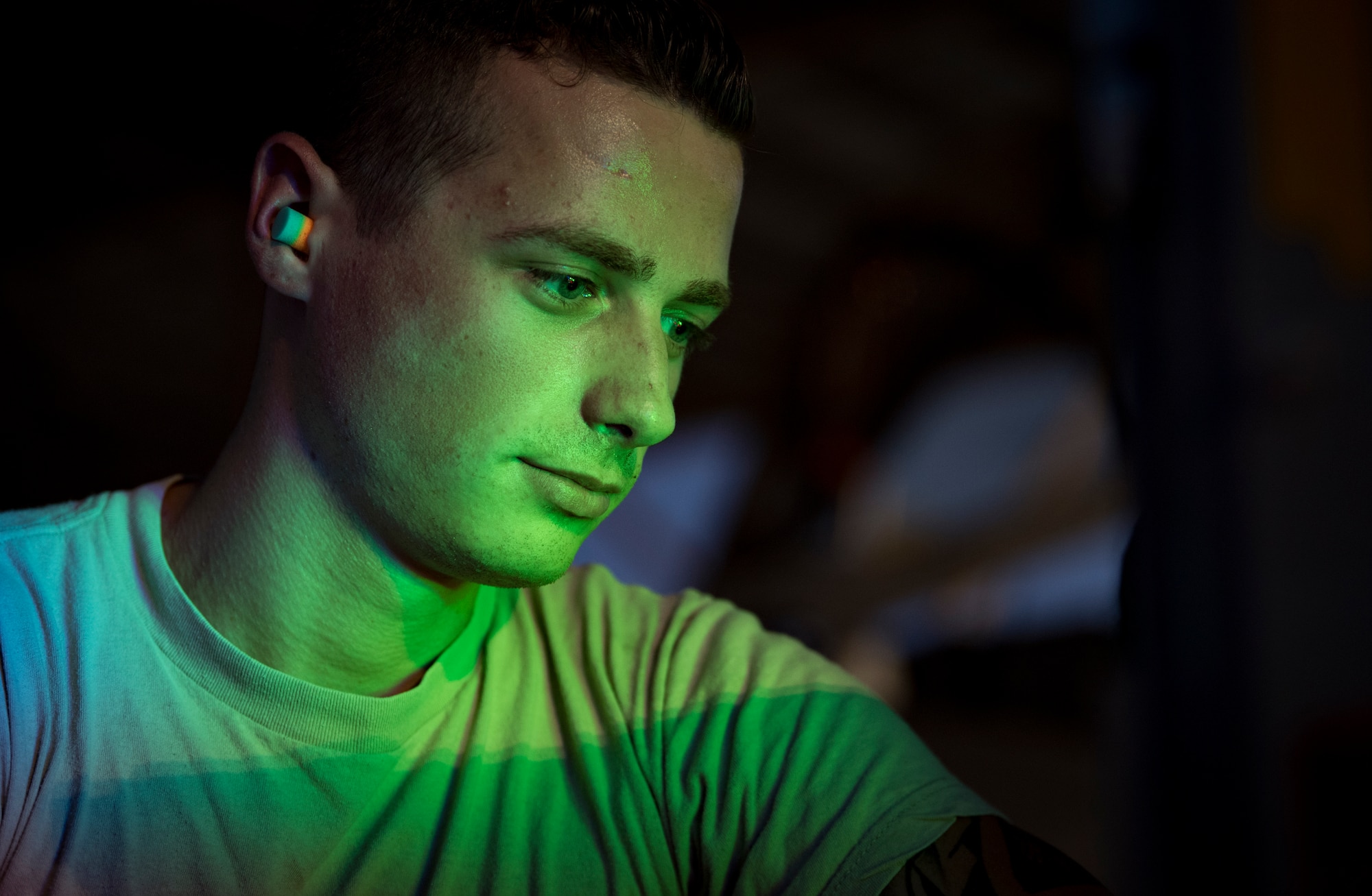 Senior Airman Alan Roach, 57th Aircraft Maintenance Squadron Lightning Aircraft Maintenance Unit armament systems technician, performs maintenance on an F-35A Lightning II fighter jet at Nellis Air Force Base, Nevada, July 24, 2018. Armament systems technicians are responsible for testing and loading ordnance onto aircraft. (U.S. Air Force photo by Airman 1st Class Andrew D. Sarver)