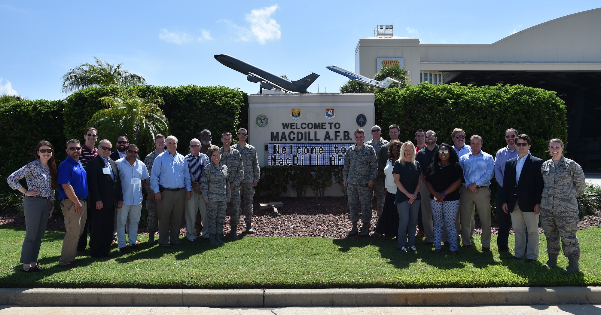 Joint Base Charleston and MacDill Air Force Base leadership pose for a picture with Charleston civic leaders, Aug. 16, 2018. The civics took a two-day tour of MacDill Air Force Base, Fla., allowing them to learn more about the overall Air Force mission.