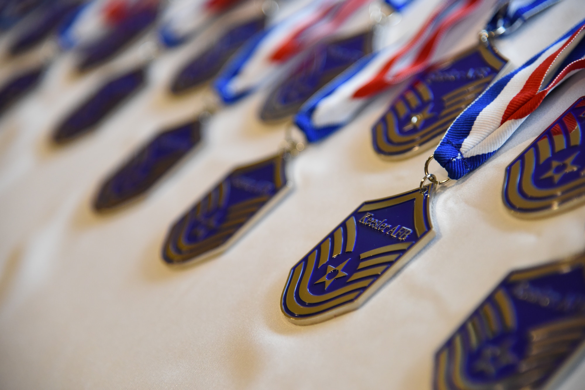 Medallions are displayed during the Senior NCO Induction Ceremony at the Bay Breeze Event Center at Keesler Air Force Base, Mississippi, Aug. 17, 2018. More than 50 inductees were recognized during the event. (U.S. Air Force photo by Kemberly Groue)