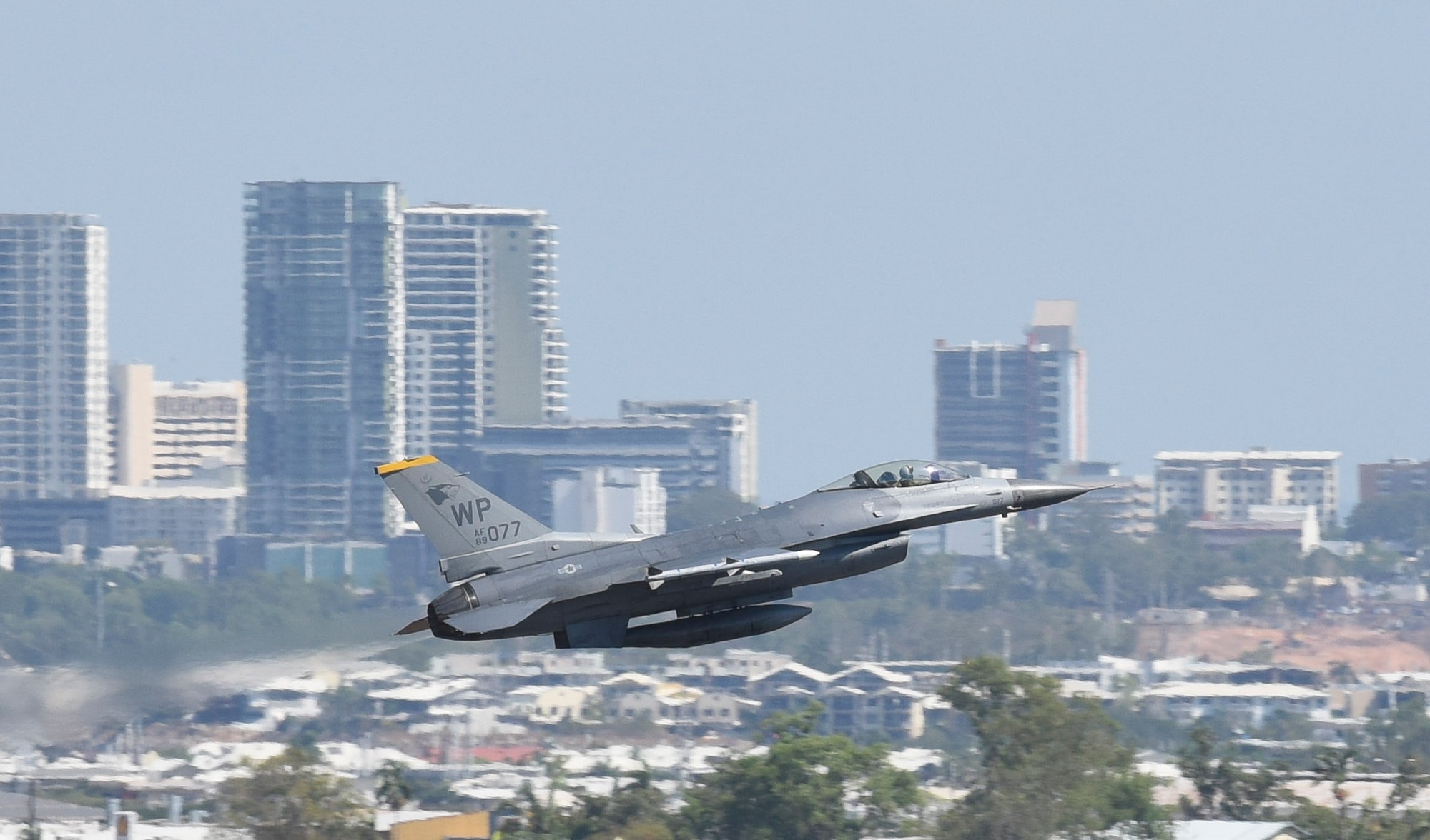 A U.S. Air Force F-16 Fighting Falcon, assigned to Kunsan Air Base, Republic of Korea, launches from the runway on Royal Australian Air Force Base Darwin, Australia during exercise Pitch Black 2018, Aug. 2, 2018. PBK18 allows regional partners and participating nations to exercise deployed units in the tasking, planning, and execution of offensive counter-air and offensive air support, such as basic fighting maneuvers, air combat maneuvers, and close air support. (U.S. Air Force photo by Senior Airman Savannah L. Waters)