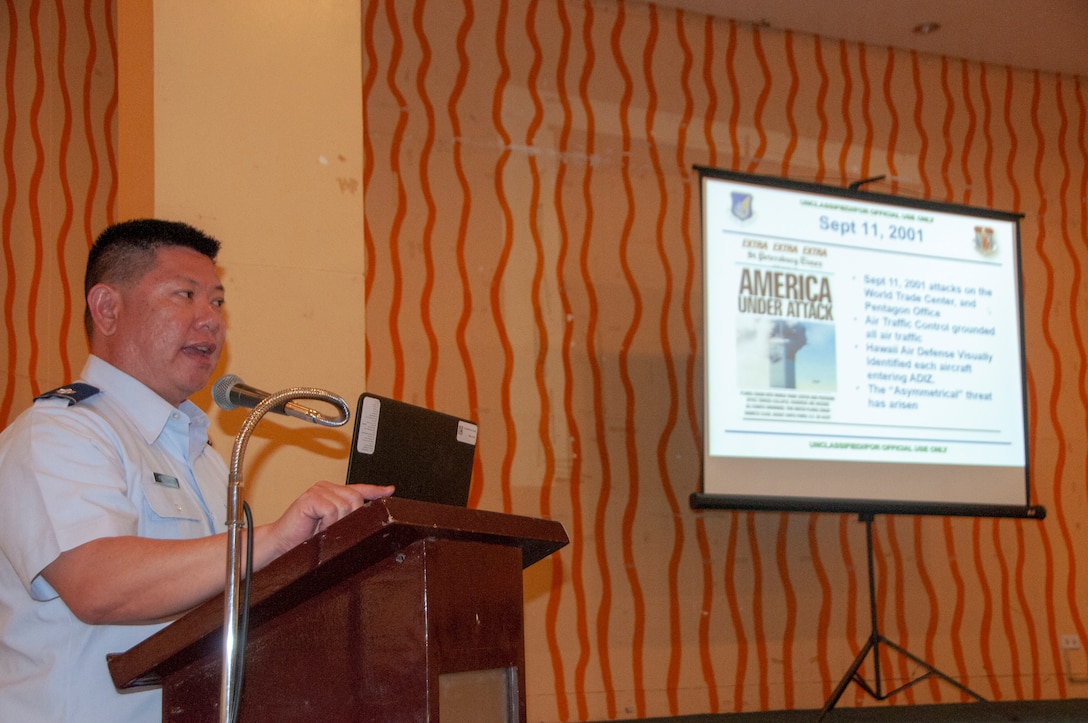 Lt. Col. Colin Yoshimitsu, mission crew commander with the 169th Air Defense Squadron, Hawaii Air National Guard, conducts a brief on air defense