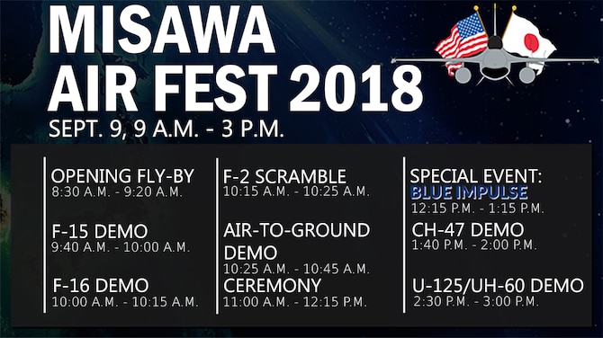 Team Misawa hosts Air Fest 2018 at Misawa Air Base, Japan, Sept. 9, 2018. The annual air show and open house affords community members to engage with Japan and U.S. military personnel, while observing various aircraft static displays and demonstrations. (U.S. Air Force graphic by Senior Airman Sadie Colbert)