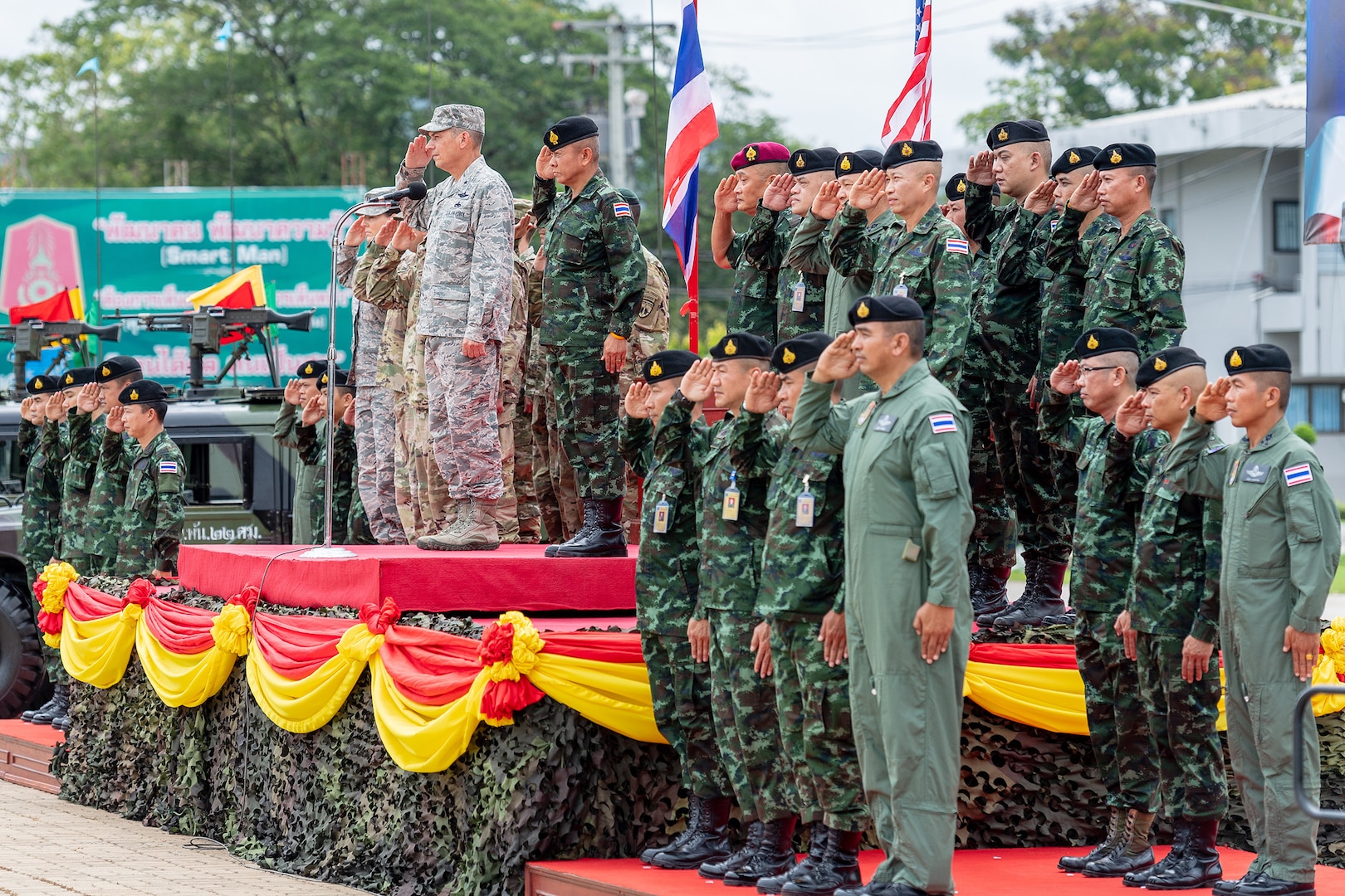 More than 150 U.S. Army and Army National Guard Soldiers and 300 Royal Thai Army soldiers participated in Hanuman Guardian 2018’s opening ceremony Aug. 20, 2018, at the Royal Thai Army’s Cavalry Center in Thailand’s Saraburi province. Hanuman Guardian is an 11-day bilateral army-to-army exercise that strengthens capability and builds interoperability between U.S. and Royal Thai Army forces.