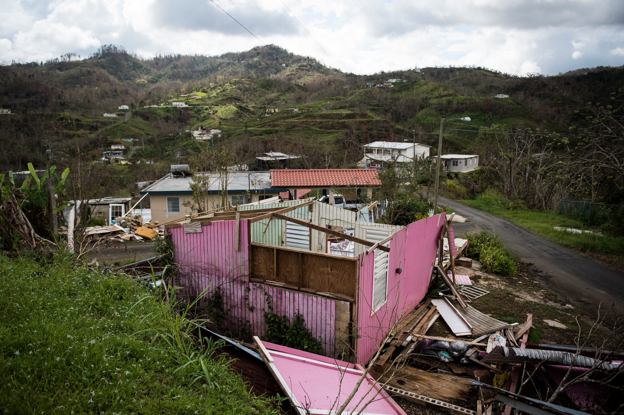 A damaged house in the municipality of Orocovis, Puerto Rico, Oct. 13, 2017. Hurricane Maria formed in the Atlantic Ocean and affected islands in the Caribbean Sea, including Puerto Rico and the U.S. Virgin Islands. U.S. military assets supported FEMA as well as state and local authorities in rescue and relief efforts. (U.S. Air Force photo by Tech. Sgt. Larry E. Reid Jr.)
