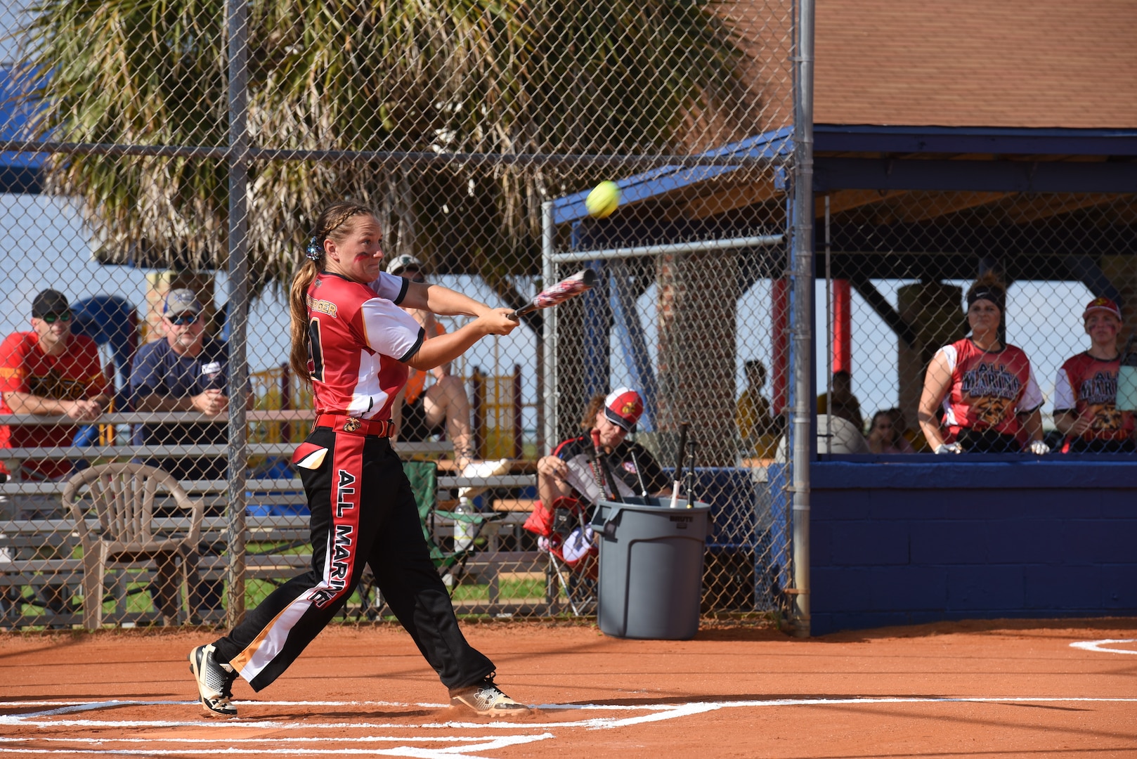 PENSACOLA, Fla. -- Marine Sgt. Katie Dunkelberger connects for a base hit during the opening game of the 2018 Armed Forces Women's Softball Championship, Aug. 15. Teams from the Navy, Army, Air Force and Marine Corps competed to determine a military women's softball champion. (U.S. Navy photo by Mass Communication Specialist 1st Class Christopher Hurd/Released)