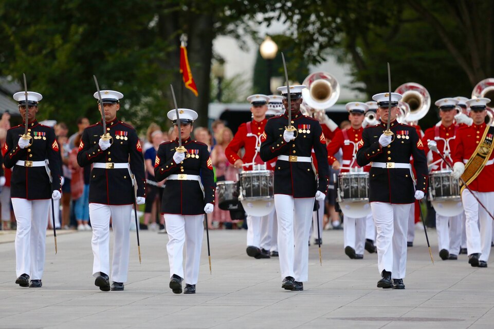 On Tuesday, Aug. 14, 2018, Marine Band administrative clerk Sergeant Kimberly Santiago served as the Marine Barracks Washington non-commissioned officer parade commander. (U.S. Marine Corps photo by Gunnery Sgt. Rachel Ghadiali/released)
