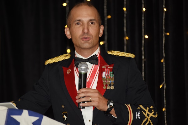 Col. Paul J. Kremer, U.S. Army Corps of Engineers Great Lakes and Ohio River Division deputy commander, gives the keynote address during the Nashville District 130th Anniversary Ball Aug. 18, 2018 at the Embassy Suites in Nashville, Tenn. (USACE Photo by Lee Roberts)