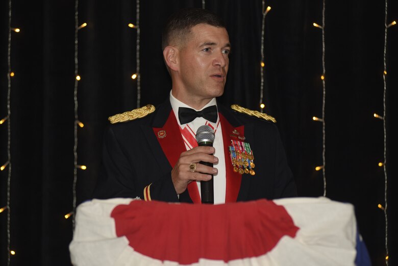 Lt. Col. Cullen Jones, U.S. Army Corps of Engineers Nashville District commander, addresses employees, family members and guests at the Nashville District 130th Anniversary Ball Aug. 18, 2018 at the Embassy Suites in Nashville, Tenn. He highlighted how the district had humble beginnings when Special Order 191 established the district to develop the Cumberland River Basin, and how today’s workforce of more than 730 people that support a 59,000 square mile footprint touching seven states and two major watersheds. (USACE Photo by Lee Roberts)