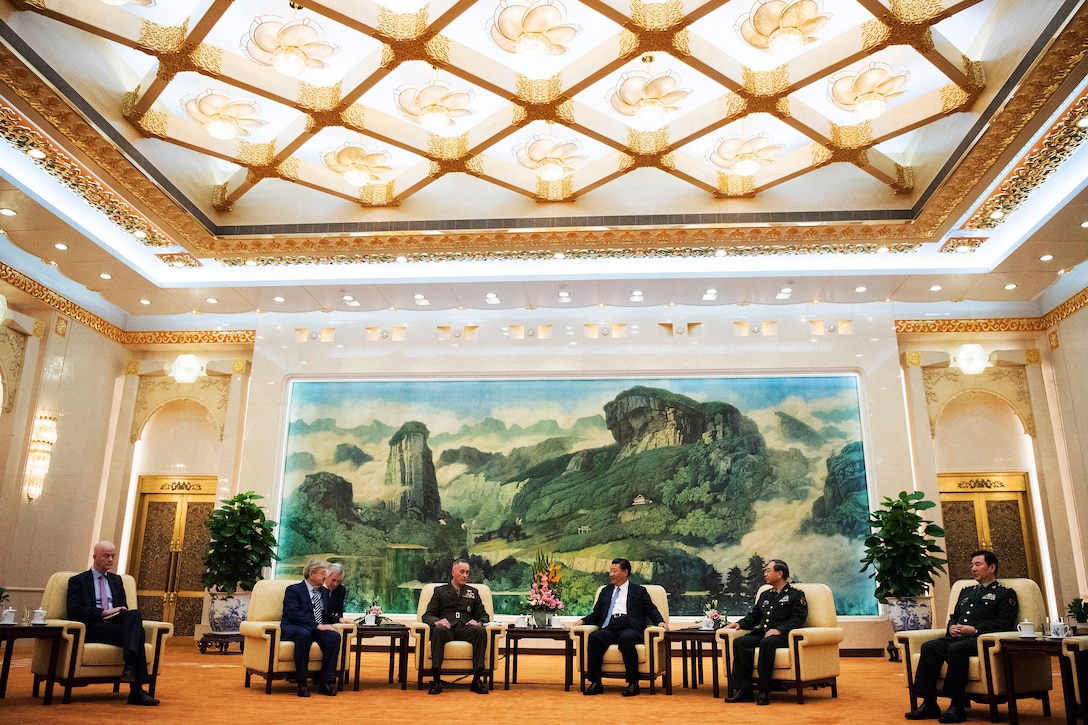 Marine Corps Gen. Joe Dunford, chairman of the Joint Chiefs of Staff, meets with Chinese President Xi Jinping in the Great Hall of the People in Beijing.