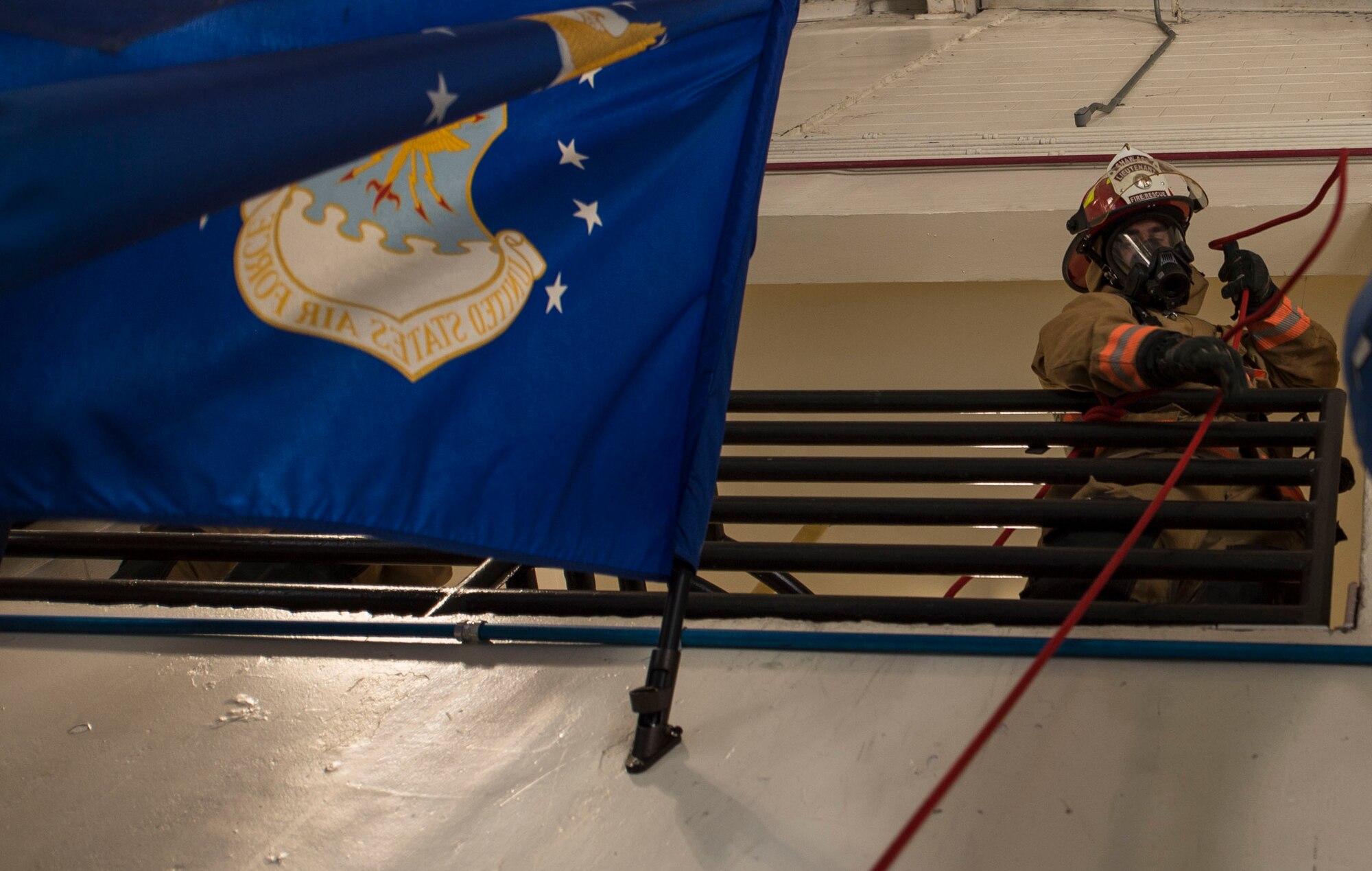 U.S. Air Force Staff Sgt. Benjamin Metz, 20th Civil Engineer Squadron firefighter journeyman, pulls an object up a wall during proficiency training at Shaw Air Force Base, S.C., Aug. 14, 2018.