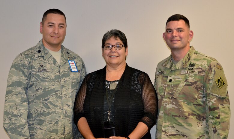 (L-R): Lt. Col. Orlando Chavez; Rose Chavez, ACE-IT operations officer; Albuquerque District Commander Lt. Col. Larry Caswell, Jr., Aug. 1, 2018, after Lt. Col. Chavez shared his leadership philosophy with the District's LDP I class.