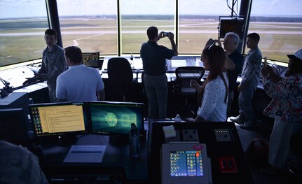 Charleston civic leaders tour an air traffic control tower during a two-day tour of MacDill Air Force Base, Fla., Aug. 16, 2018. The annual civic leader tour allowed civics to learn more about the overall Air Force mission and how MacDill AFB 6th Air Mobility Wing’s operations work in concert with the Joint Base Charleston mission.