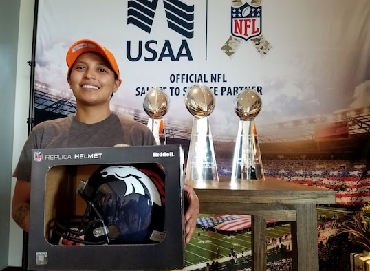 Tech. Sgt. Christine Lewis, 310th Security Forces Squadron, participated on a team that went head-to-head with nine other military teams during a National Football League-style boot camp Aug. 21, 2018, at the Denver Broncos' Dove Valley Fieldhouse in Englewood, Colorado.