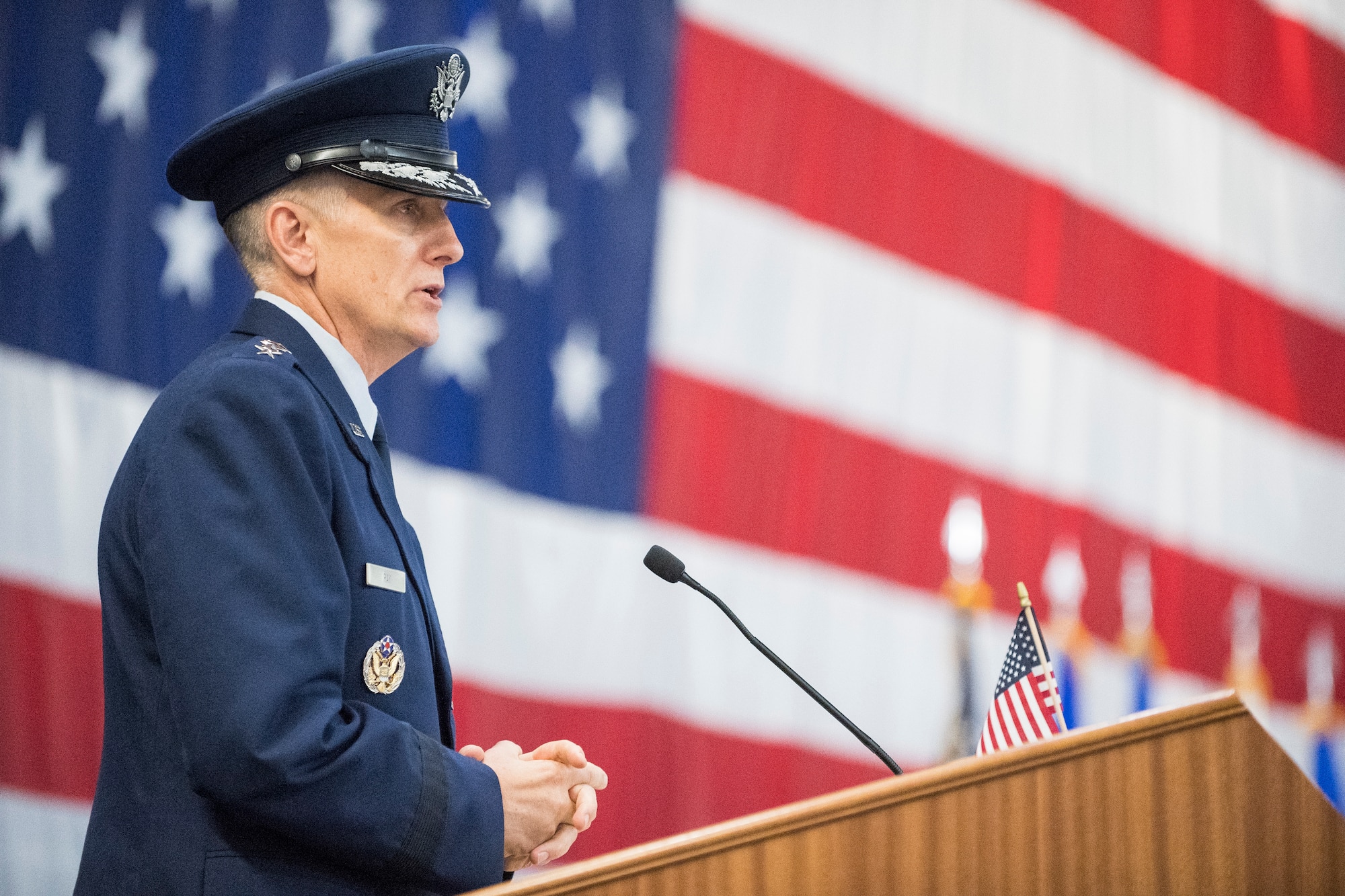 Gen. Timothy Ray addresses the audience after assuming command of Air Force Global Strike Command during a ceremony at Barksdale Air Force Base, La., Aug. 21, 2018
