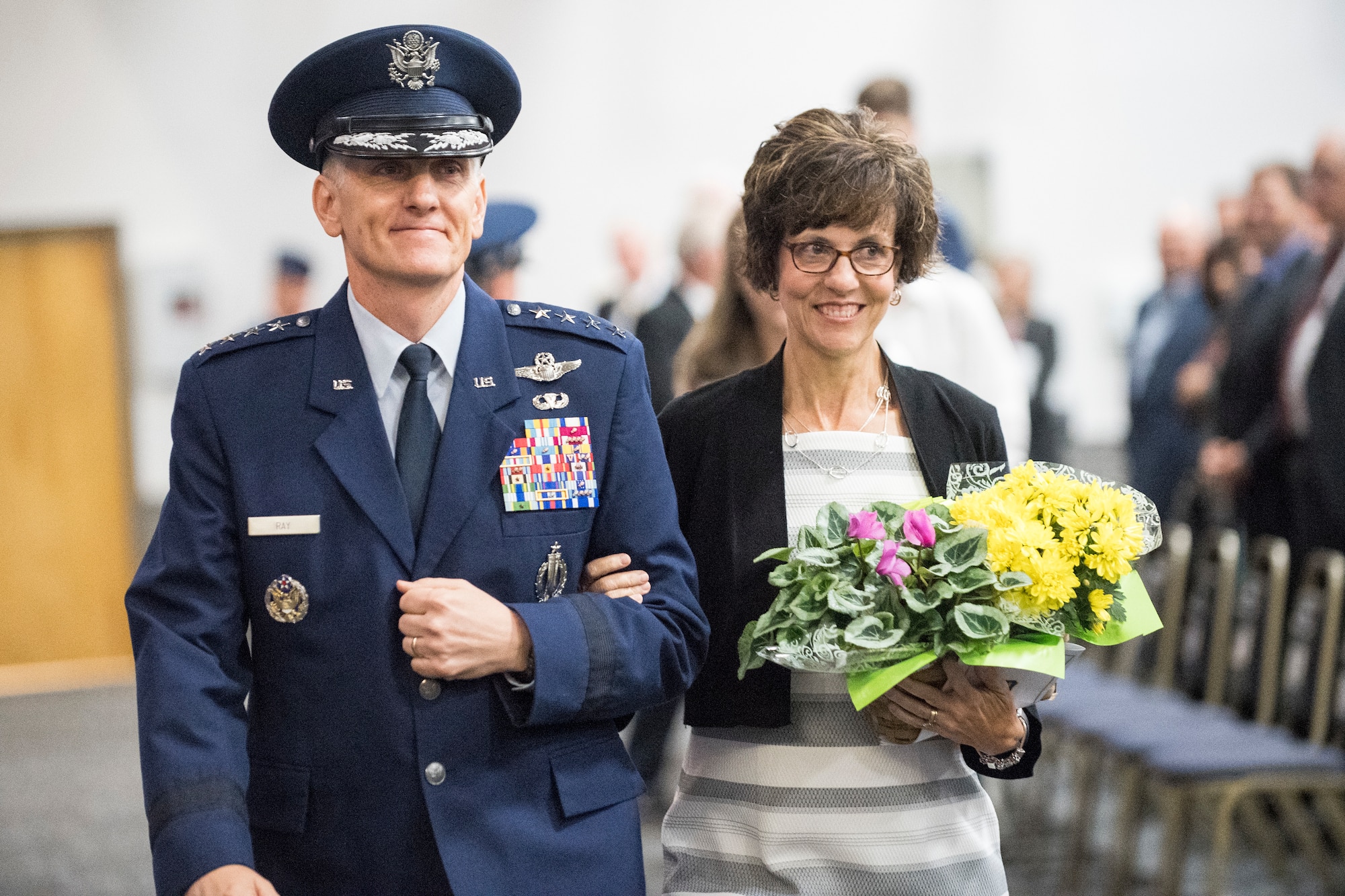Gen. Timothy Ray, AFGSC commander, escorts his wife, Rhonda, during the Departure of the Official Party at the conclusion of Air Force Global Strike Command's change of command ceremony at Barksdale Air Force Base, La., Aug. 21, 2018.