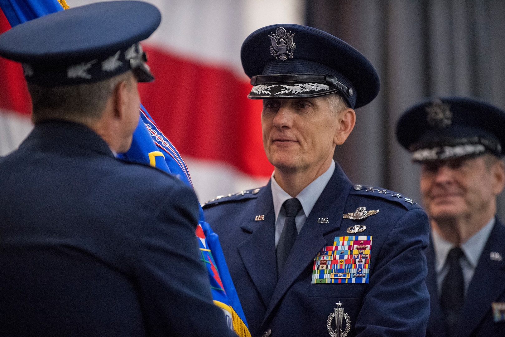 Gen. Timothy Ray accepts the Air Force Global Strike Command flag from Air Force Chief of Staff Gen. David L. Goldfein during a change of command ceremony at Barksdale Air Force Base, La., Aug. 21, 2018