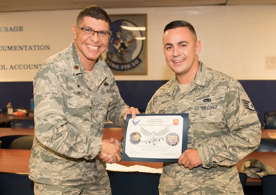 Maj. Edward Romero, 756th Aircraft Maintenance Squadron commander, presents Staff Sgt. Tanner Apple, 309th Aircraft Maintenance Unit dedicated crew chief, the 2017 Thomas N. Barnes award for the best dedicated crew chief in the Air Force Aug. 13, 2018, at Luke Air Force Base, Ariz. As a dedicated crew chief, Tanner leads a crew of F-16 Fighting Falcon maintainers in ensuring maximum safety and efficiency in a single assigned aircraft. (U.S. Air Force photo by Senior Airman Ridge Shan)