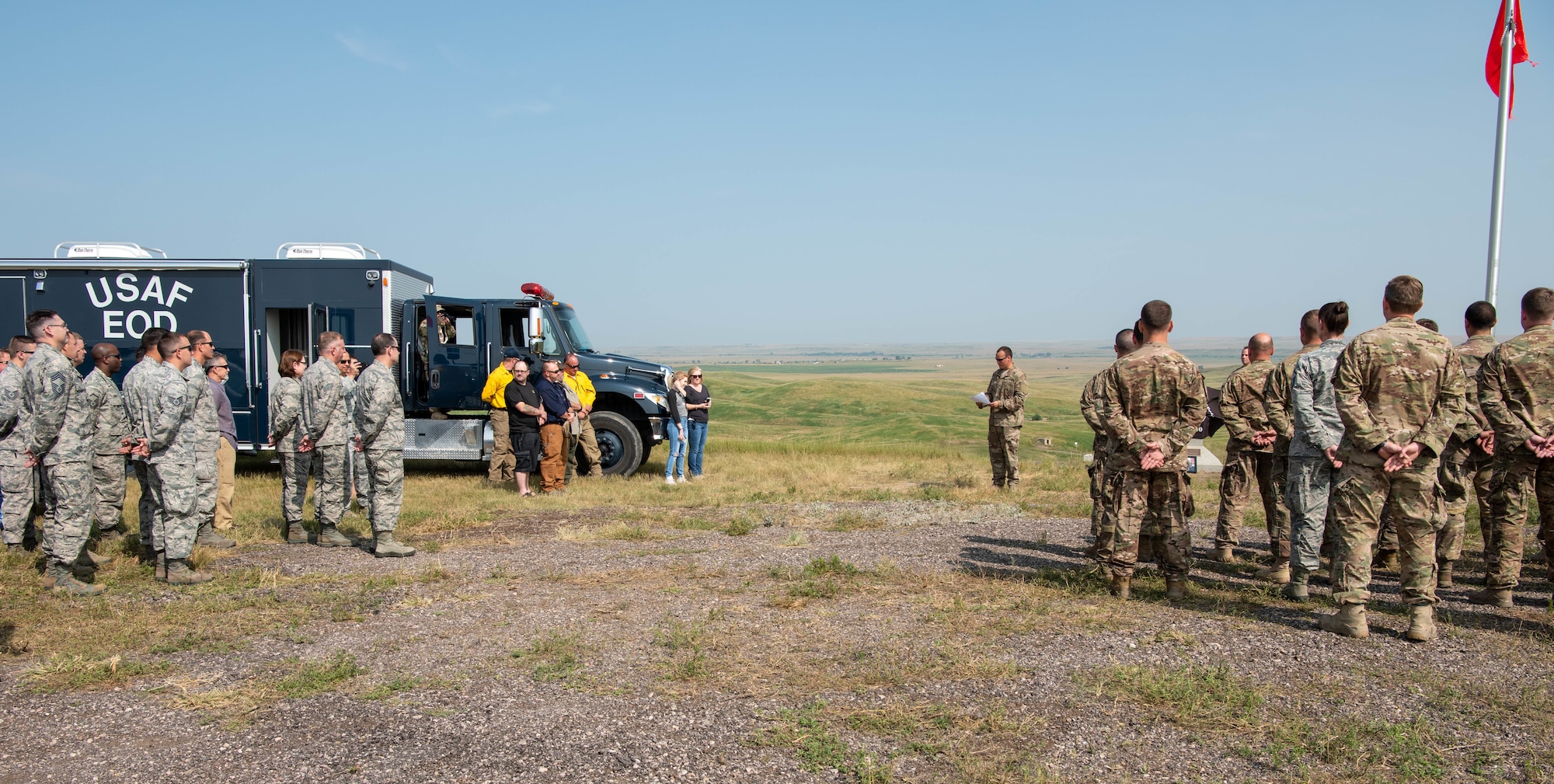 A ceremony is held to dedicate the explosive ordnance disposal range at Ellsworth Air Force Base, S.D., Aug. 17, 2018. The range was named in honor of Staff Sgt. Bryan D. Berky, an EOD technician deployed from Ellsworth AFB who was killed in action on Sept. 12, 2009, while serving in the western province of Farah, Afghanistan. (U.S. Air Force photo by Tech. Sgt. Jette Carr)