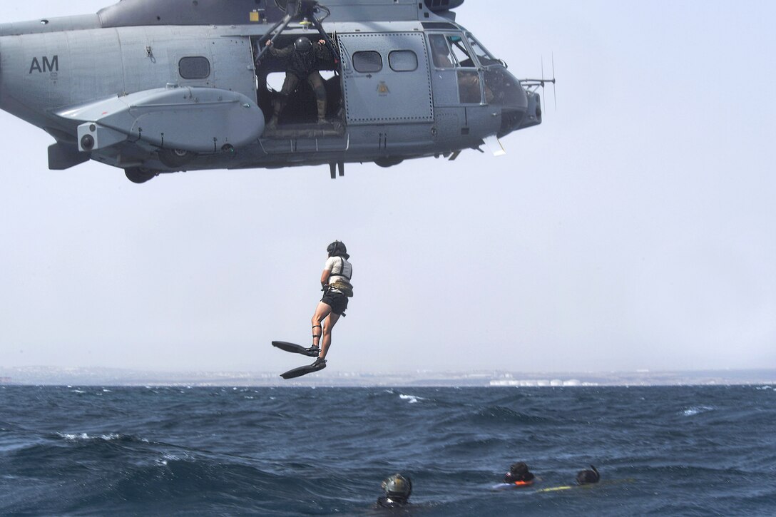 A U.S. airman jumps out of a French SA 330 Puma helicopter during a personnel recovery training.