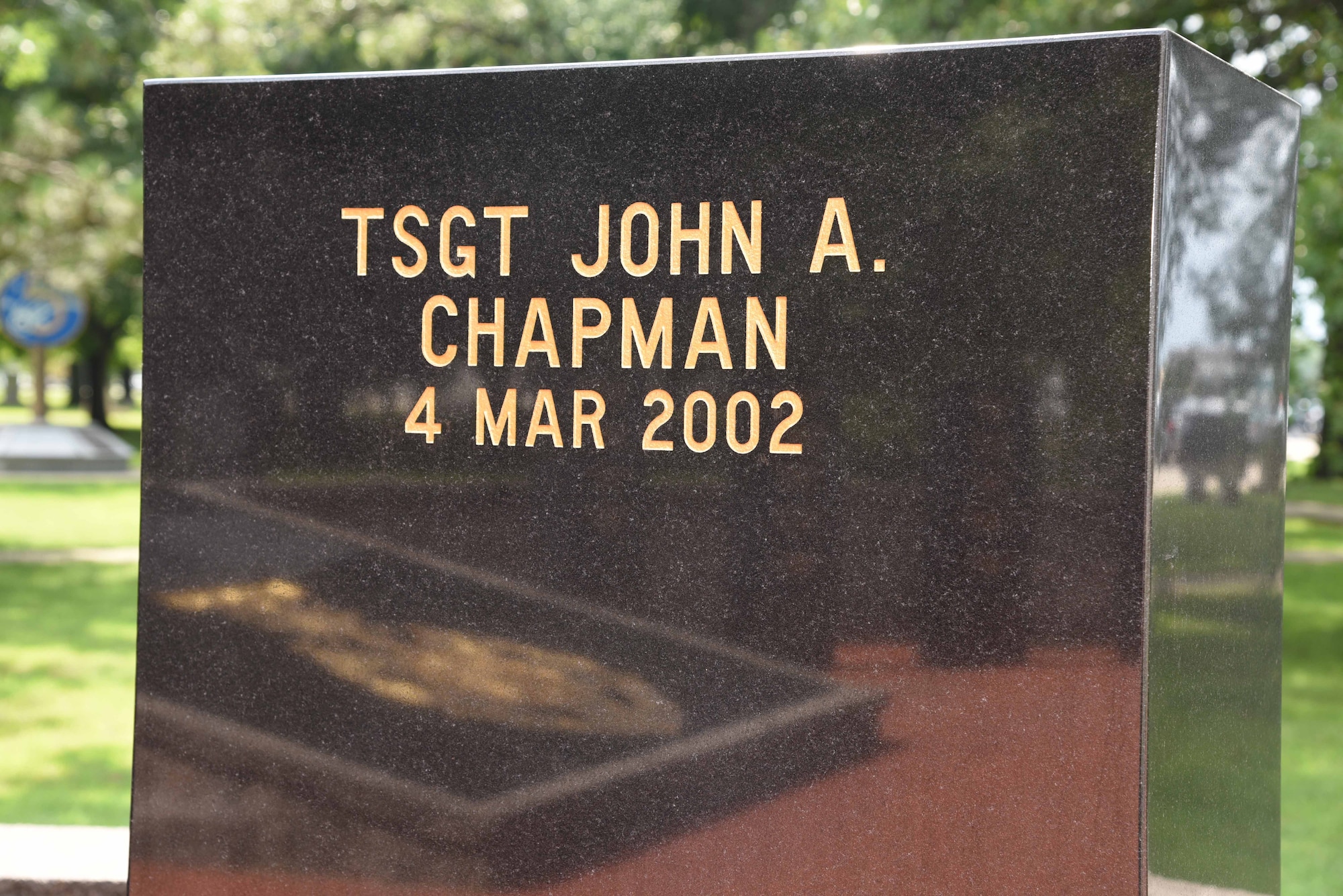 On March 4, 2002, Tech. Sgt. John Chapman sacrificed his life to preserve those of his special operations teammates during a rescue attempt on Takur Ghar mountain, Afghanistan. Here is a photo of his name inscribed in stone at Valor Park. (U.S. Air Force photo by Ken LaRock)