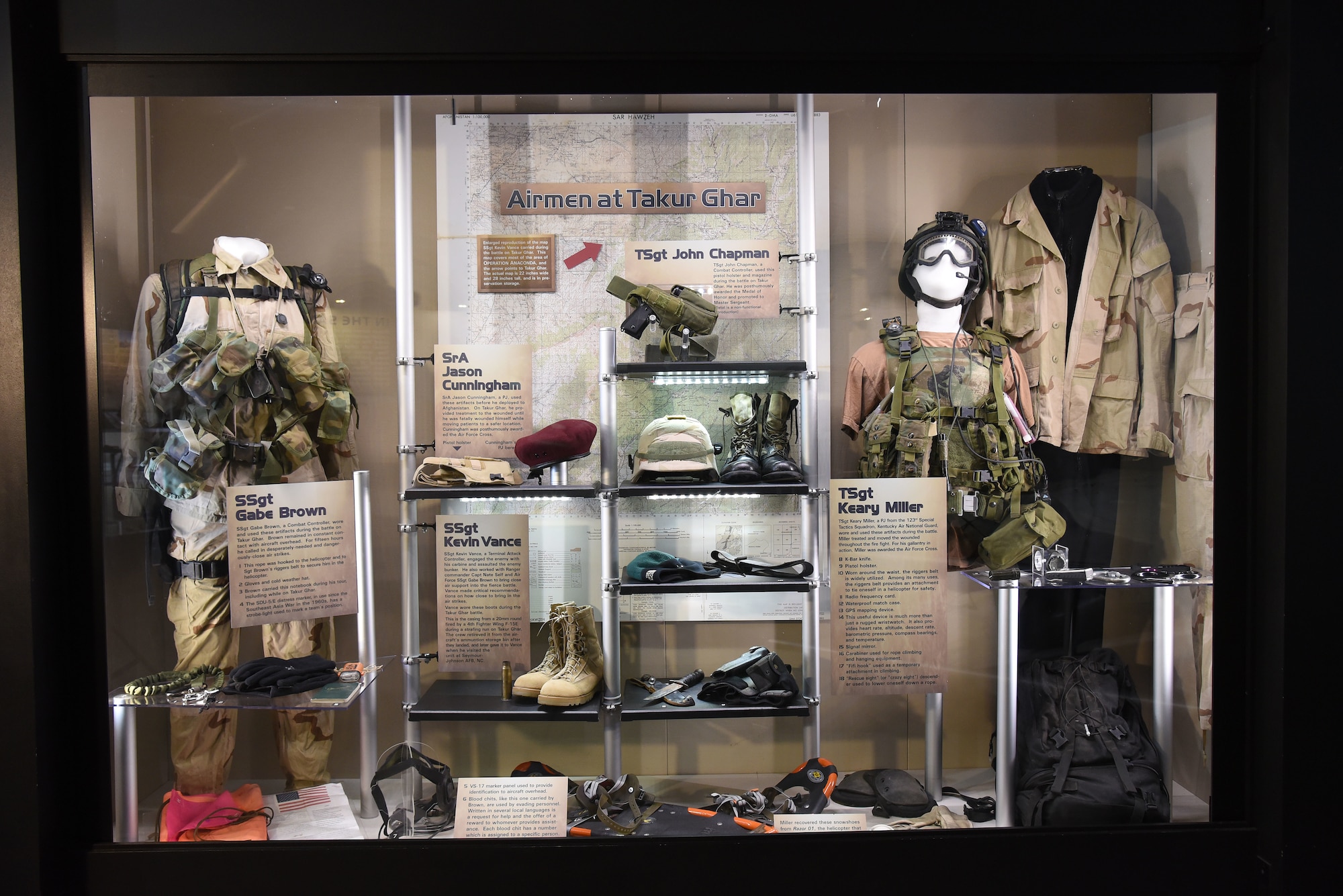 A portion of the Warrior Airmen exhibit, highlighting Airmen at Takur Ghar, on display in the Cold War Gallery at the National Museum of the U.S. Air Force. (U.S. Air Force photo by Ken LaRock)