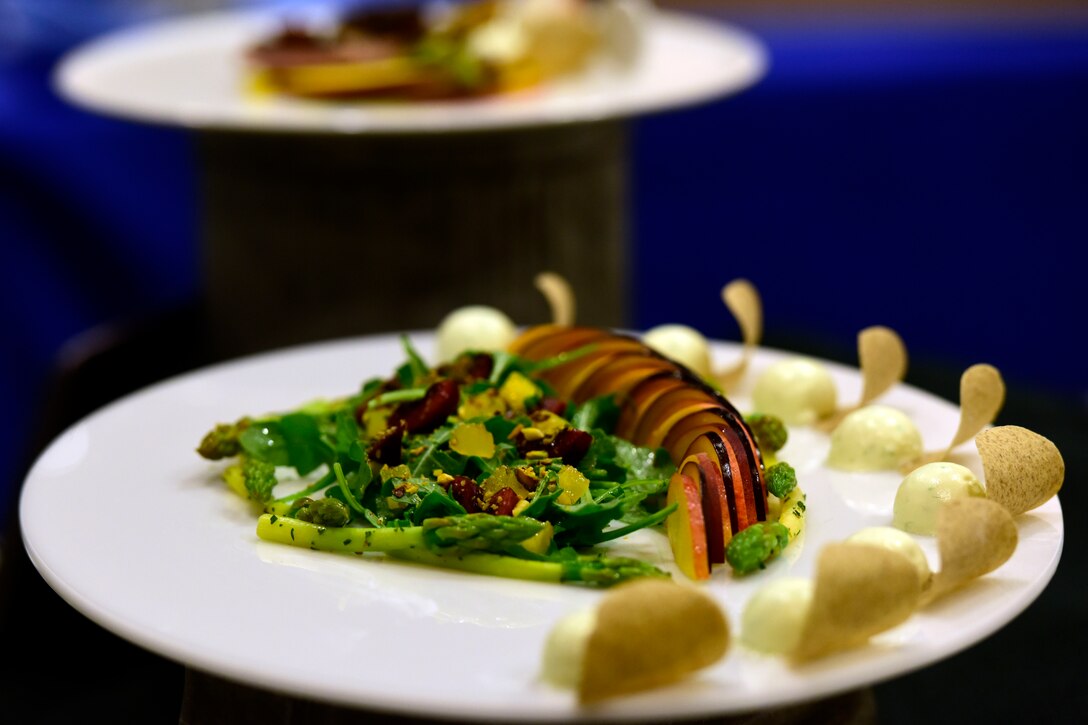 A dish is displayed that was prepared during the final round of the competition.