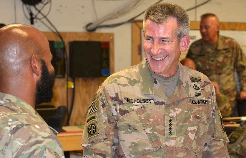 Army Gen. John W. Nicholson, commander of NATO’s Resolute Support mission and U.S. forces in Afghanistan, visits with service members at Train, Advise and Assist Command East in Afghanistan’s Lagham province.
