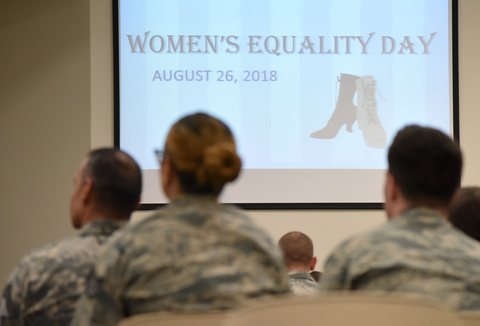 Keesler personnel attend the 81st Training Wing Women's Equality Day Observance at the Roberts Consolidated Aircraft Maintenance Facility at Keesler Air Force Base, Mississippi, Aug. 21, 2018. Women�s Equality Day commemorates the passage of the 19th Amendment to the U.S. Constitution, granting the right for women to vote. The amendment was first introduced in 1878. In 1971, the U.S. Congress designated Aug. 26 as Women�s Equality Day. (U.S. Air Force photo by Kemberly Groue)